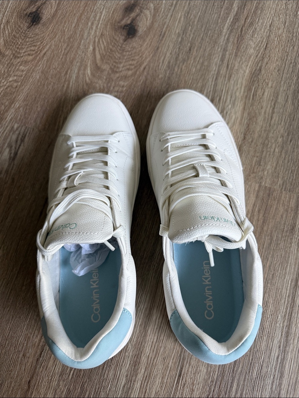 Calvin Klein Sollyz White Leather Sneakers with Light Blue Heel Accent Size 11 - Picture 6 of 10